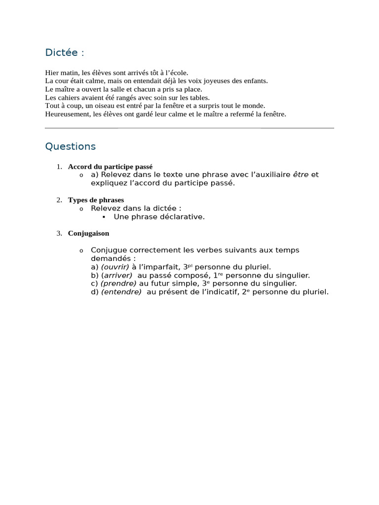 Dictée Test D'entrée | PDF