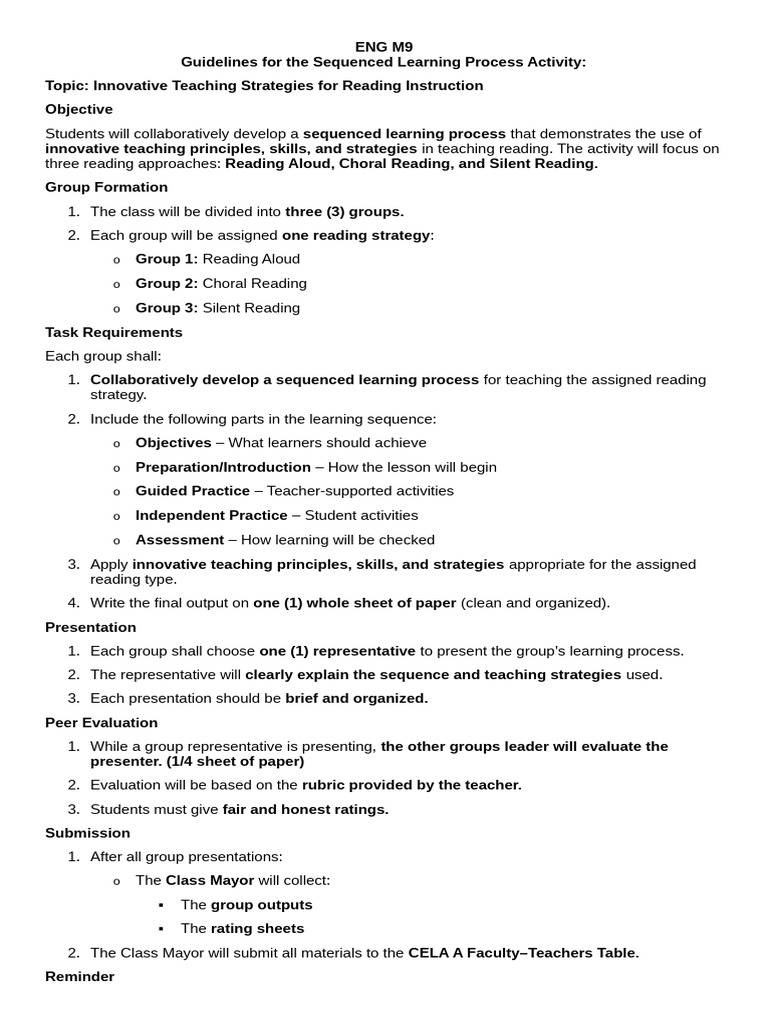 Guidelines for the Sequenced Learning Process Activity | PDF | Reading ...