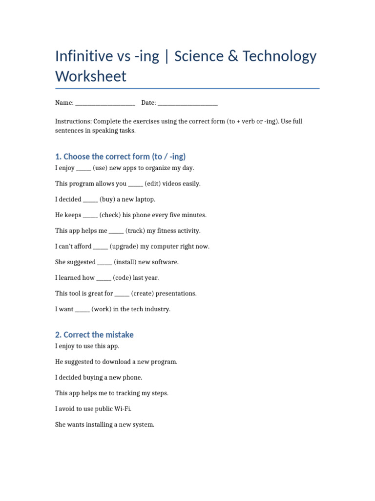 Infinitive Ing Worksheet | PDF