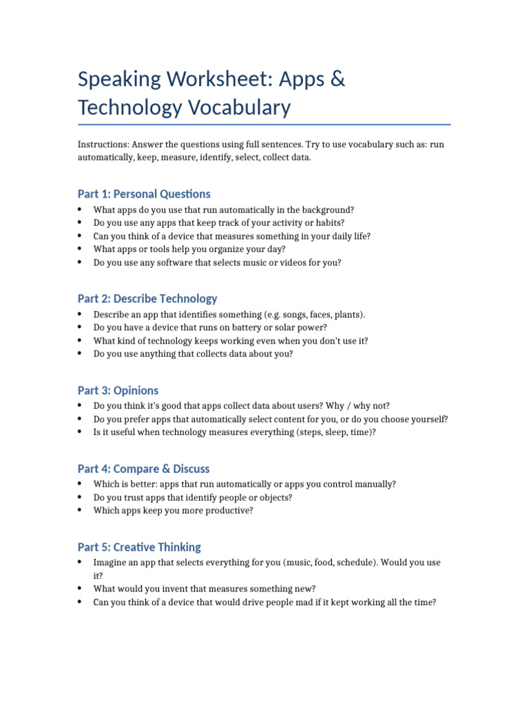 Speaking Worksheet Apps Technology | PDF