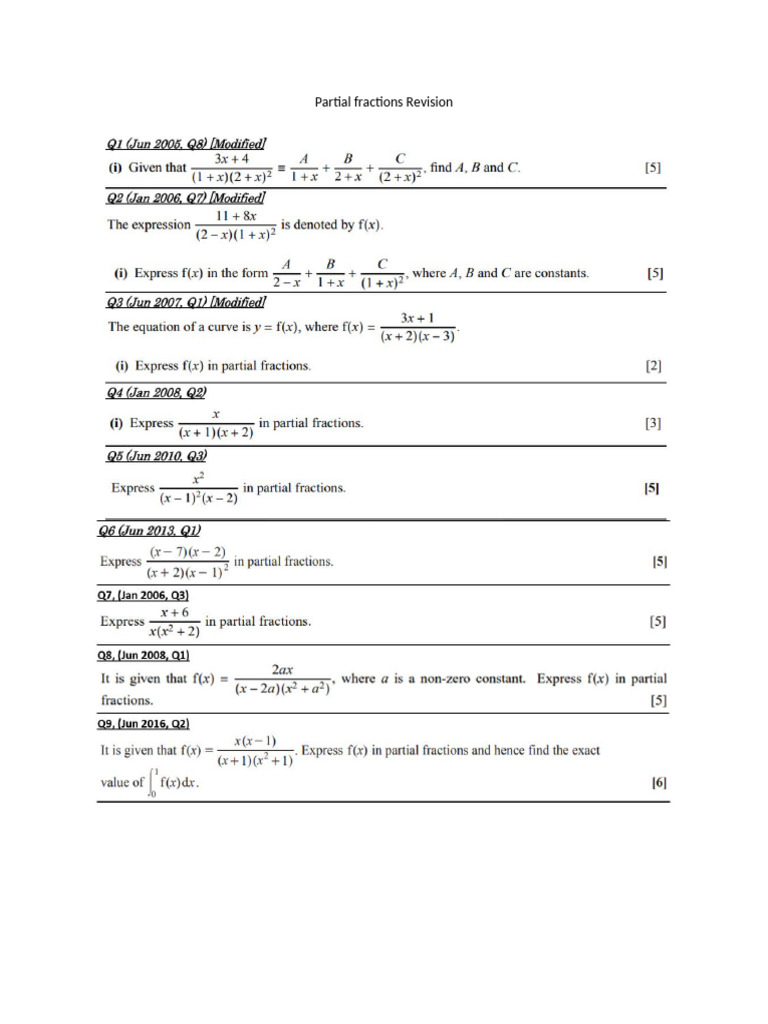 Partial Fractions Revision - Past Paper Questions | PDF