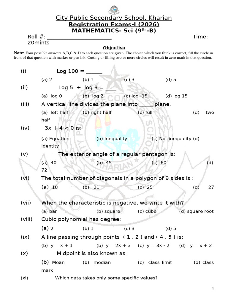 Mathematics 9th-B Registration Exam | PDF | Elementary Geometry ...
