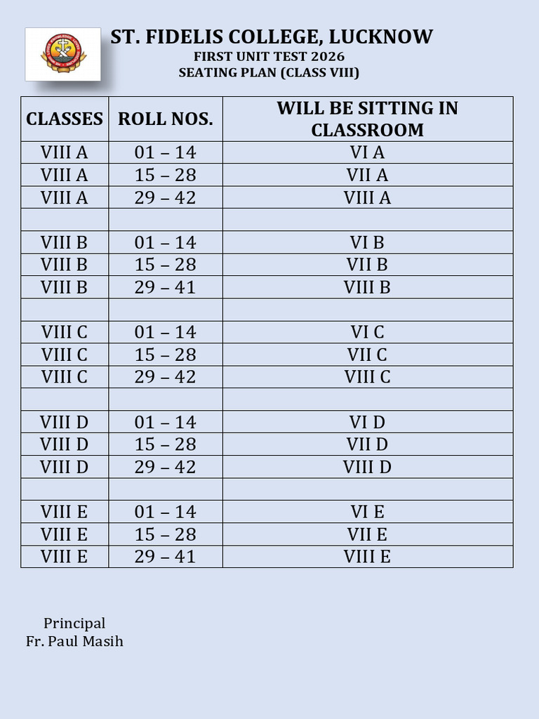 First Unit Test Seating Plan For_Class VIII | PDF