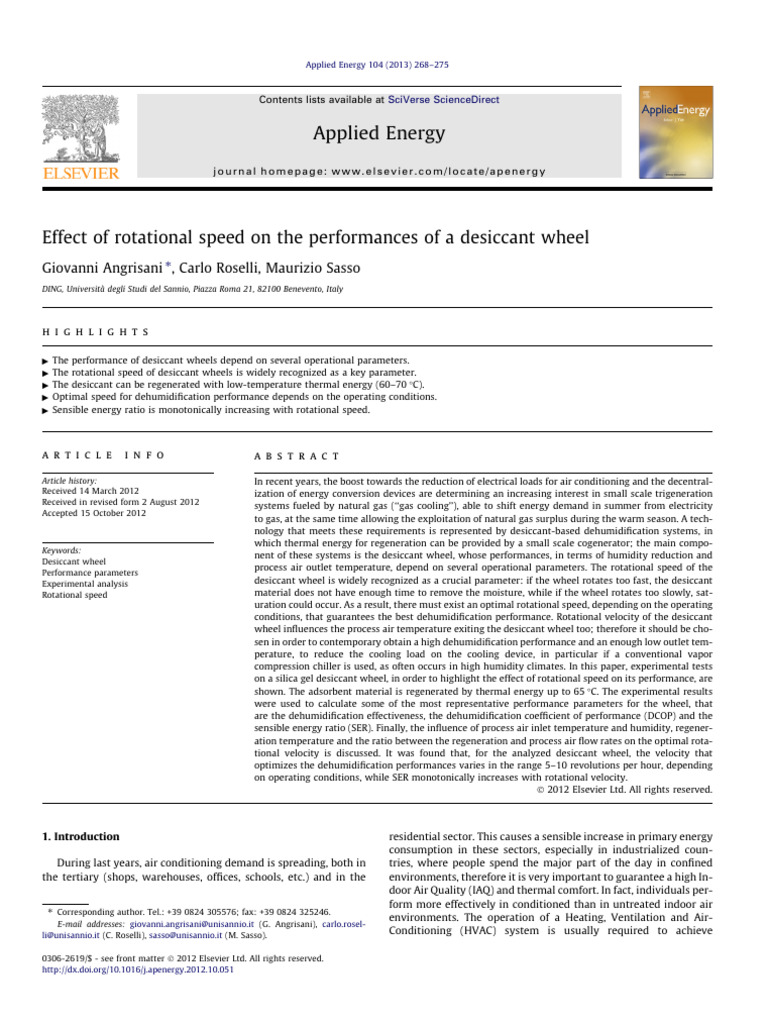 Effect of Rotational Speed on the Performances of a Desiccant Wheel ...