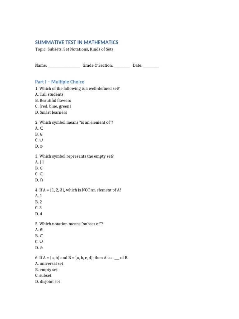 50 Item Summative Test Sets | PDF | Set (Mathematics) | Empty Set