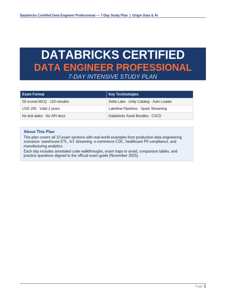 Databricks de Pro Study Plan | PDF | Databases | Apache Spark