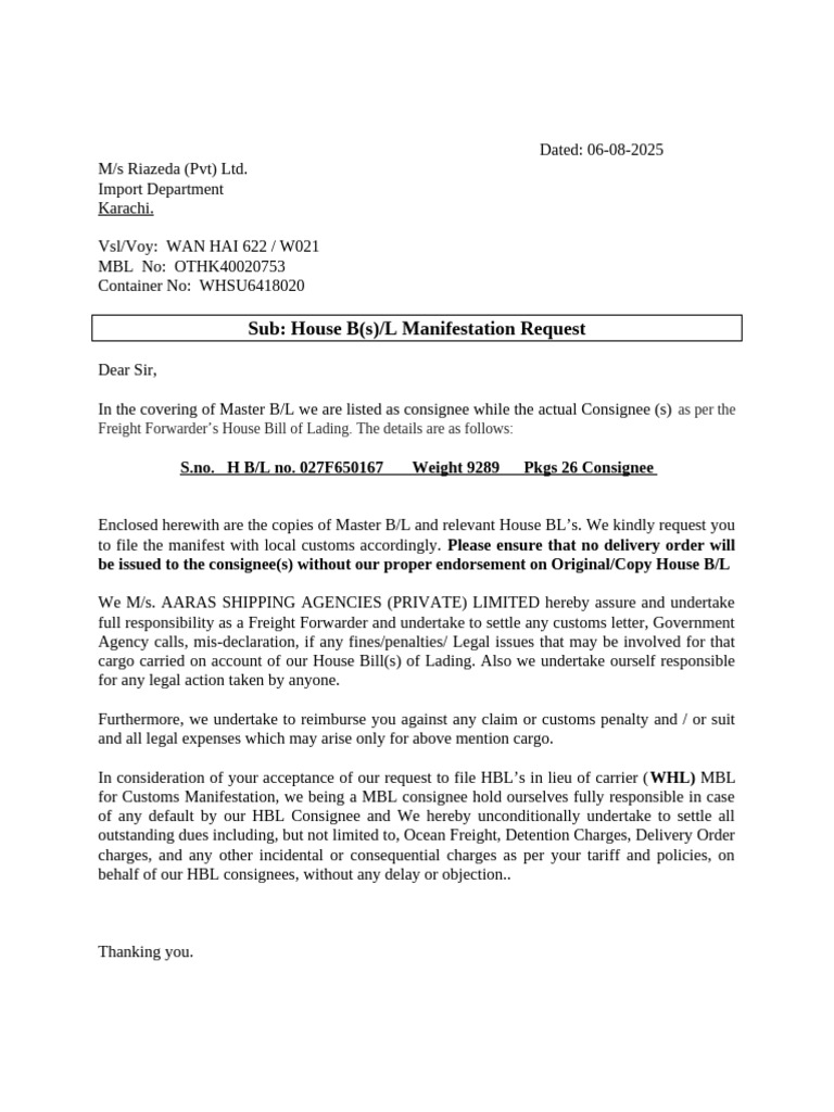 Hbl Format | PDF