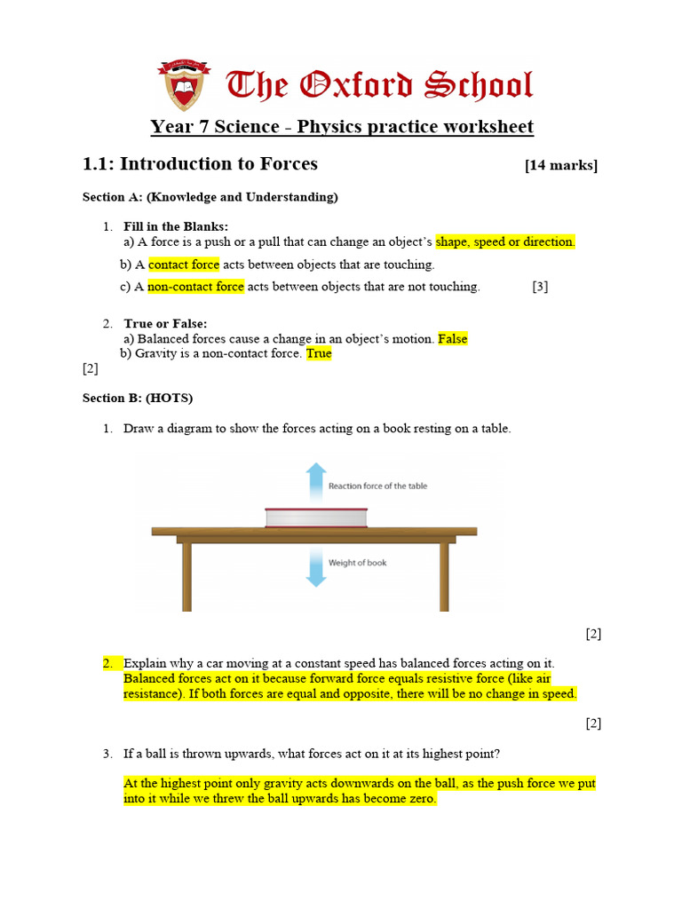 Y7-Physics Revision Worksheet Term 1 Answer Key | PDF | Force | Weight