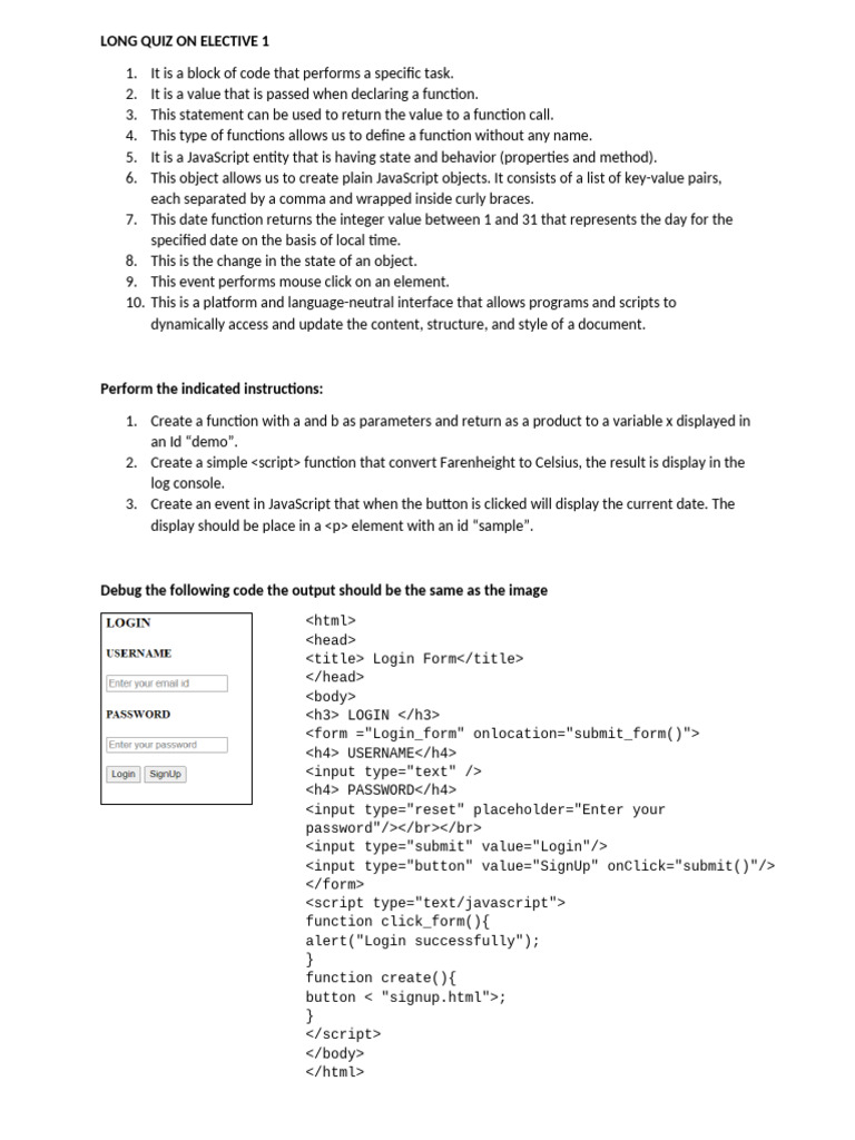 Long Quiz on Elective 1 | PDF | Java Script | Object Oriented Programming