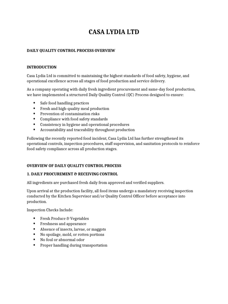 Quality Control Daily Sop (1) | PDF | Food Safety | Hygiene