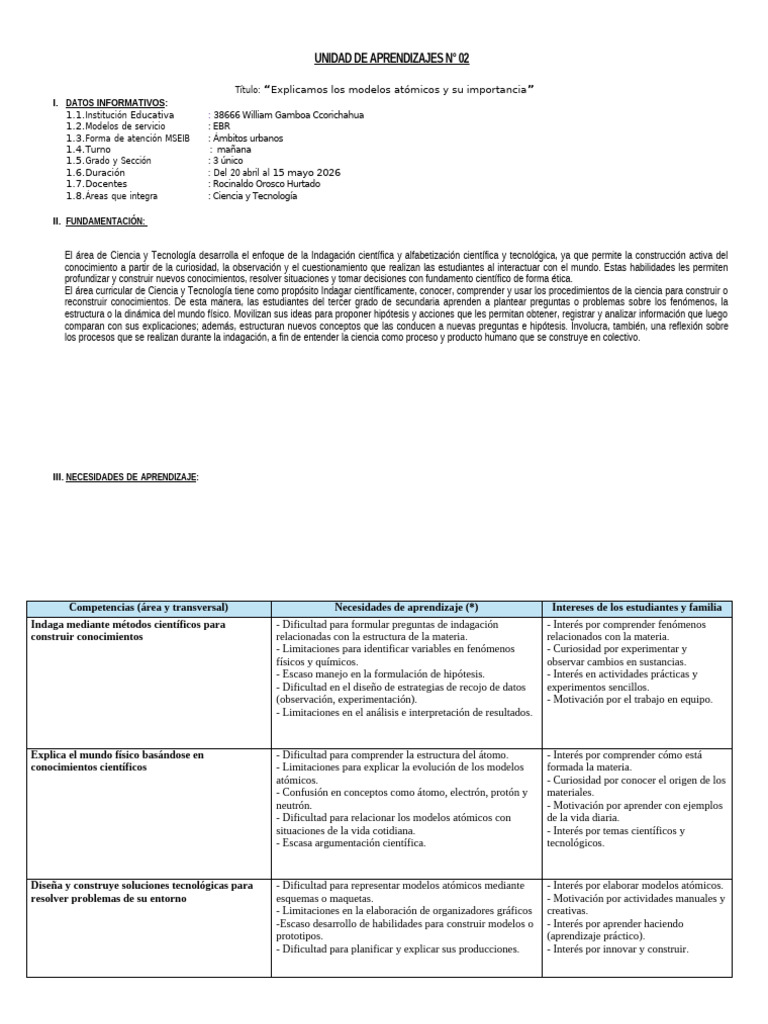 Unidad - de - Aprendizaje - N 2026 1 Tercero | PDF | Importar | Química