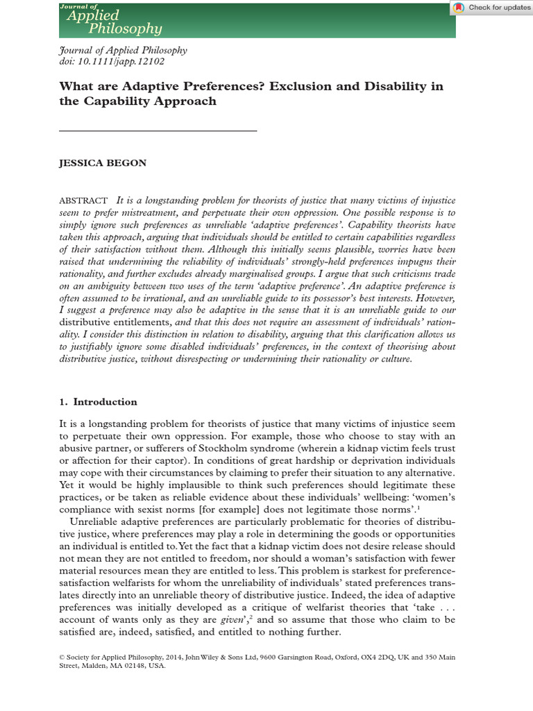 Begon, J. (2015). What Are Adaptive Preferences | PDF | Disability ...