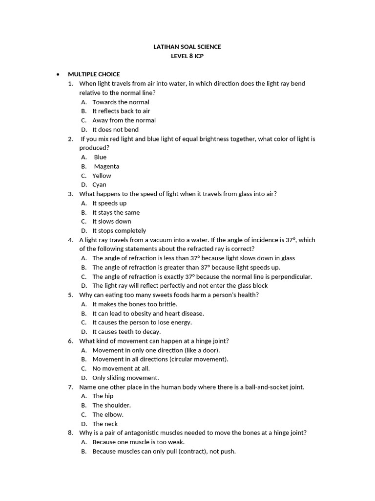 Latihan Soal Science Lev 8 ICP | PDF | Light | Refraction