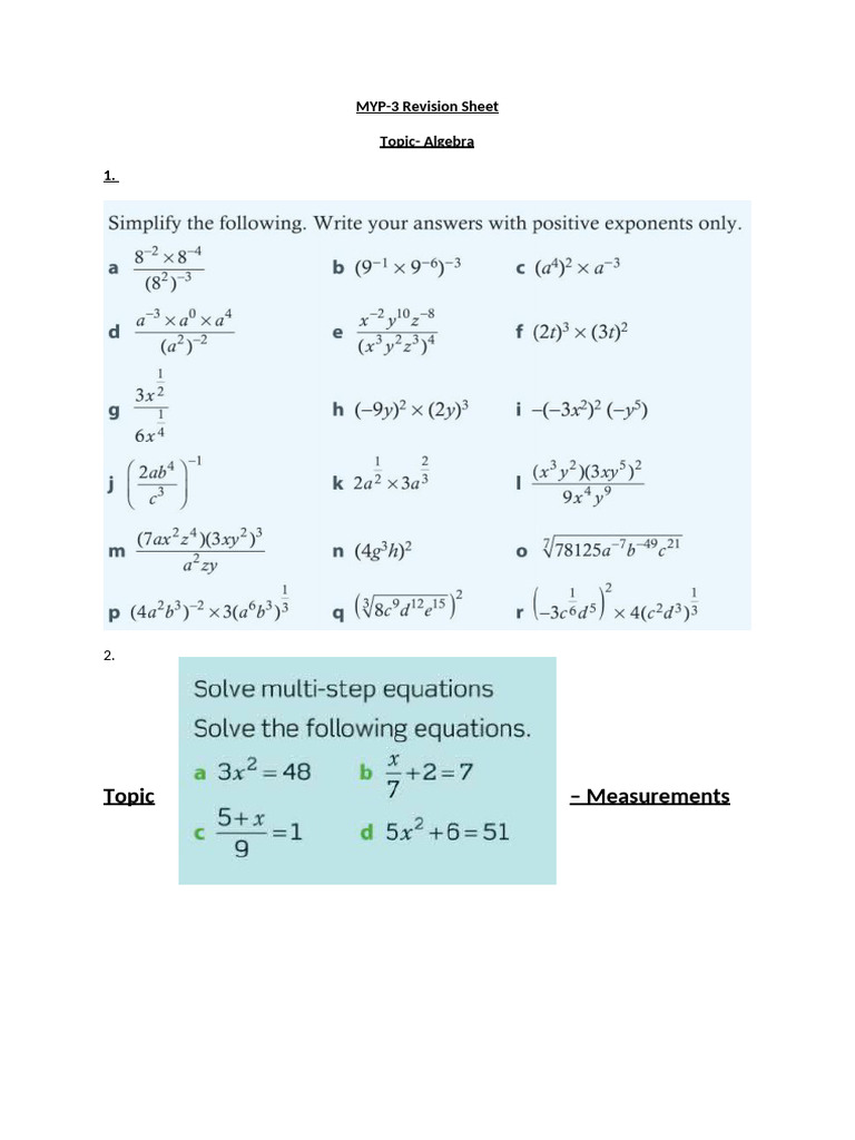 MYP-3 Revision Sheet- Algebra | PDF