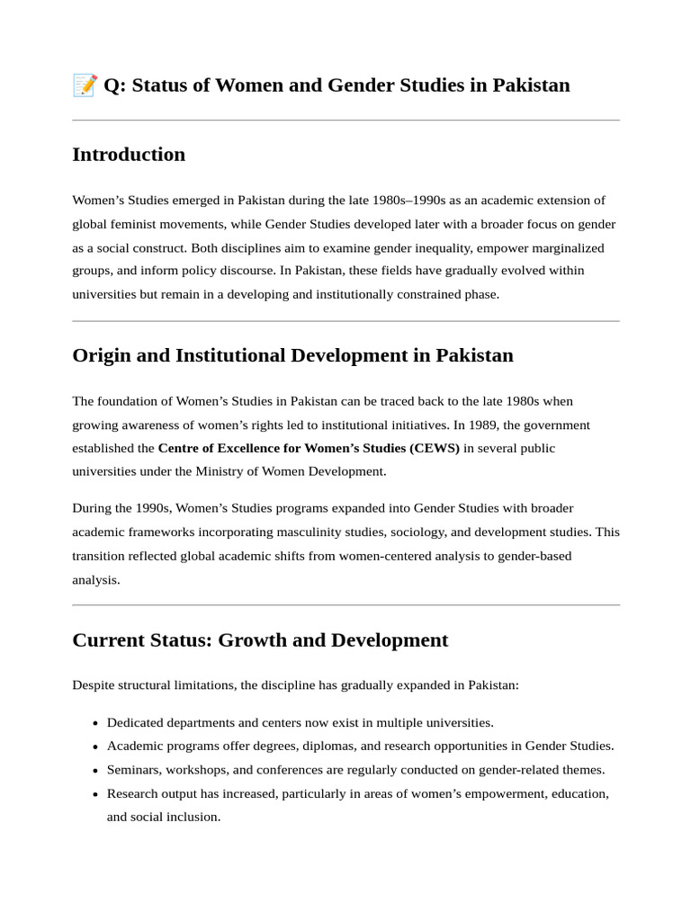 Status of Women and Gender Studies in Pakistan | PDF | Women's Studies ...