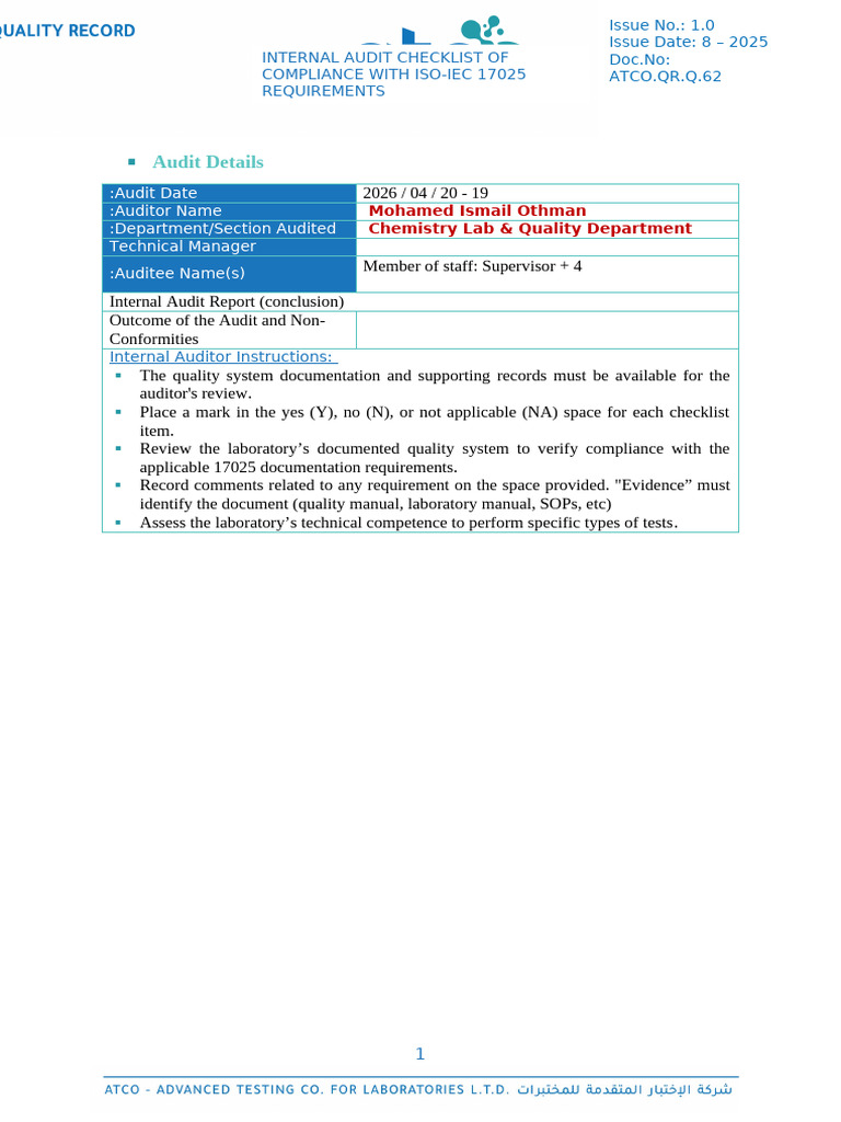 62. ATCO 2026 CH - Q Internal audit checklist of compliance with iso ...