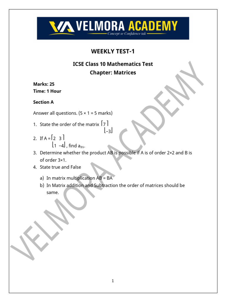 Icse Matrix Test Paper New | PDF