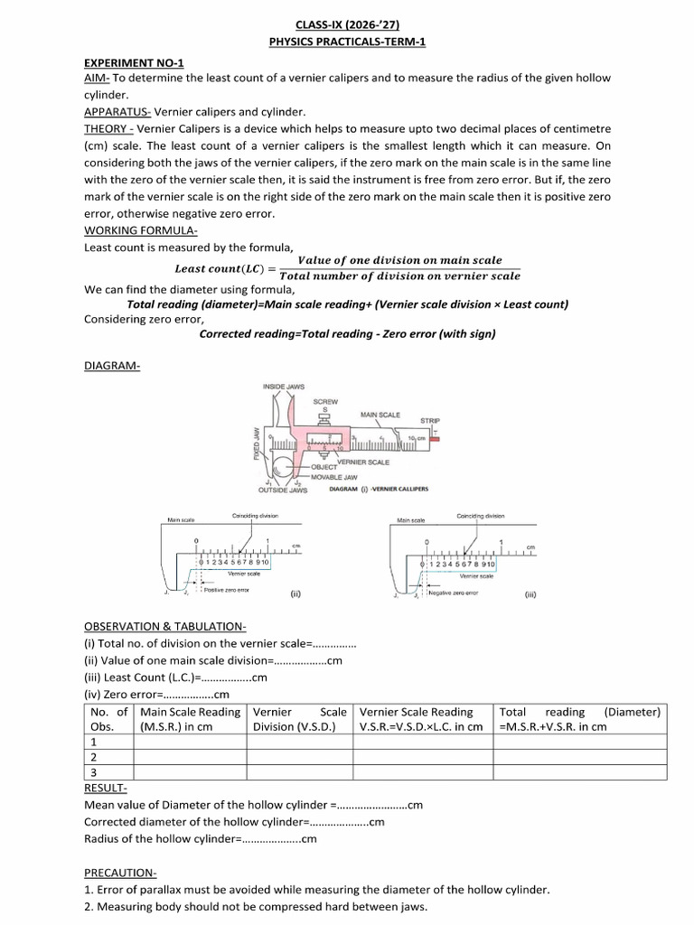 CLASS-9 Physics Practical 2026-'27_1st Term | PDF