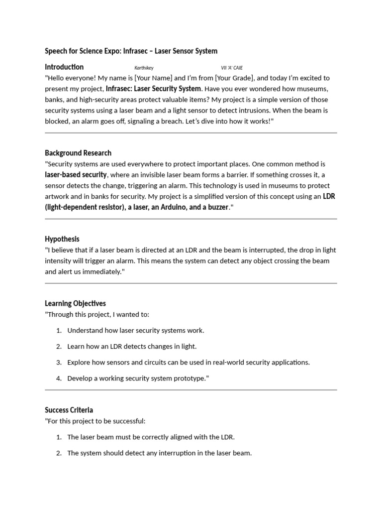 Science Expo Speech | PDF | Light | Sensor