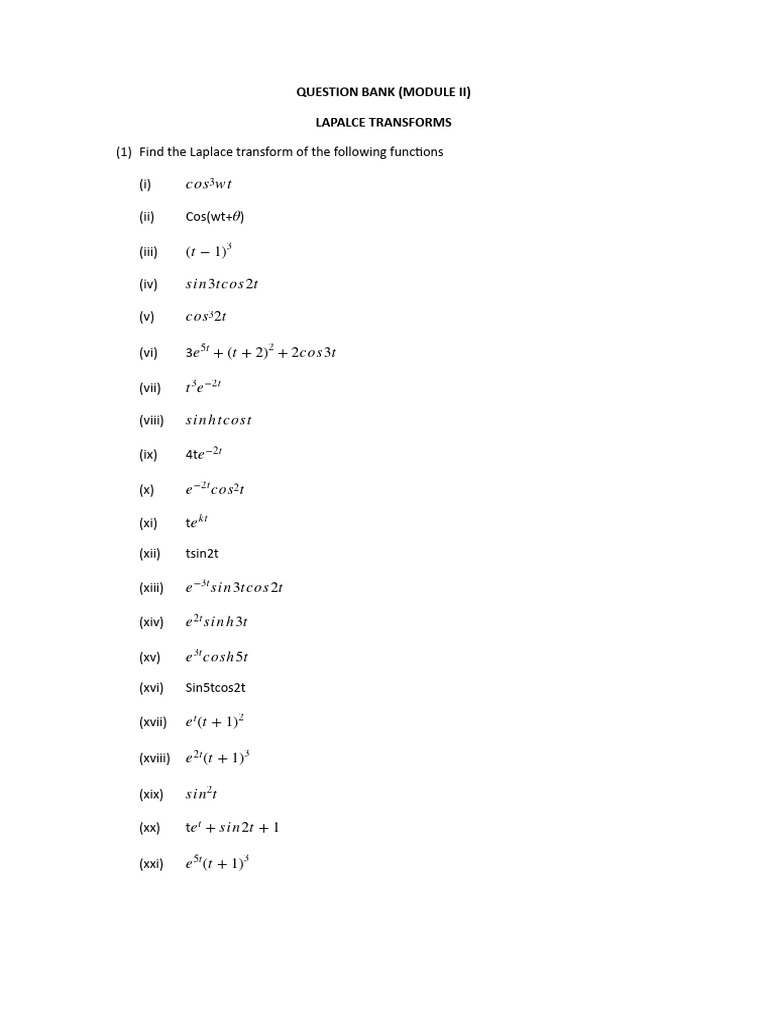 Laplace Transforms Question Bank | PDF
