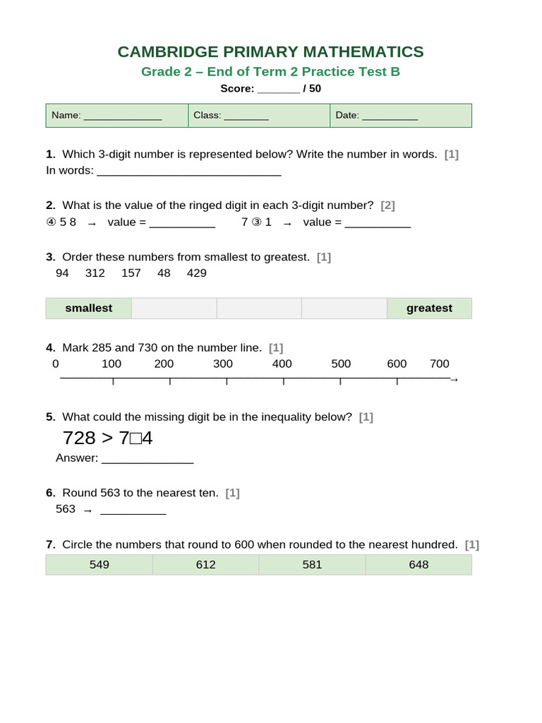Cambridge Maths Grade2 Test B | PDF | Litre