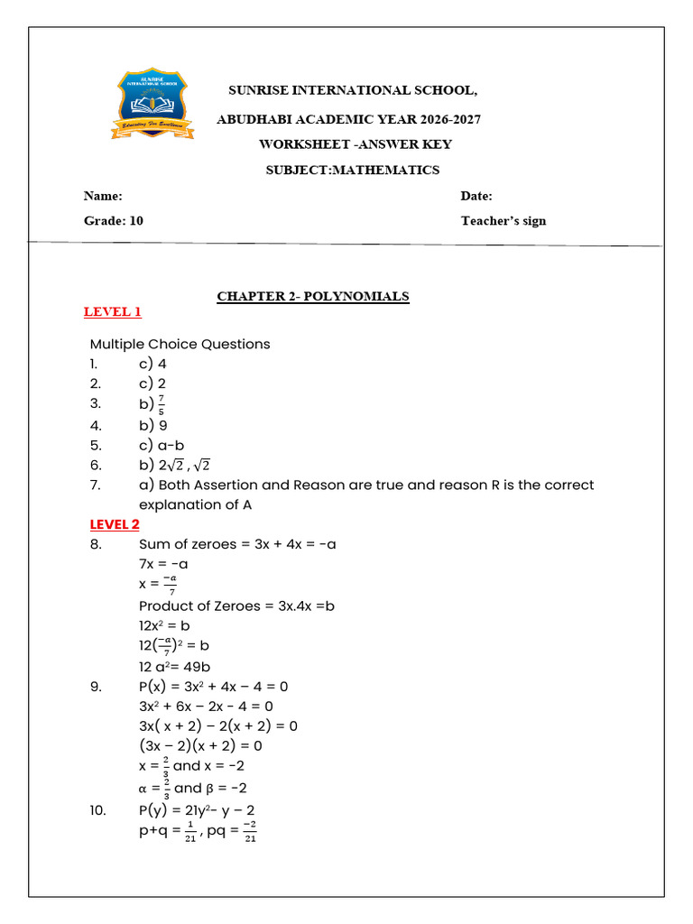 Gr 10 Ch.2 Polynomials Worksheet Answer Key 2026-27 | PDF | Chess ...