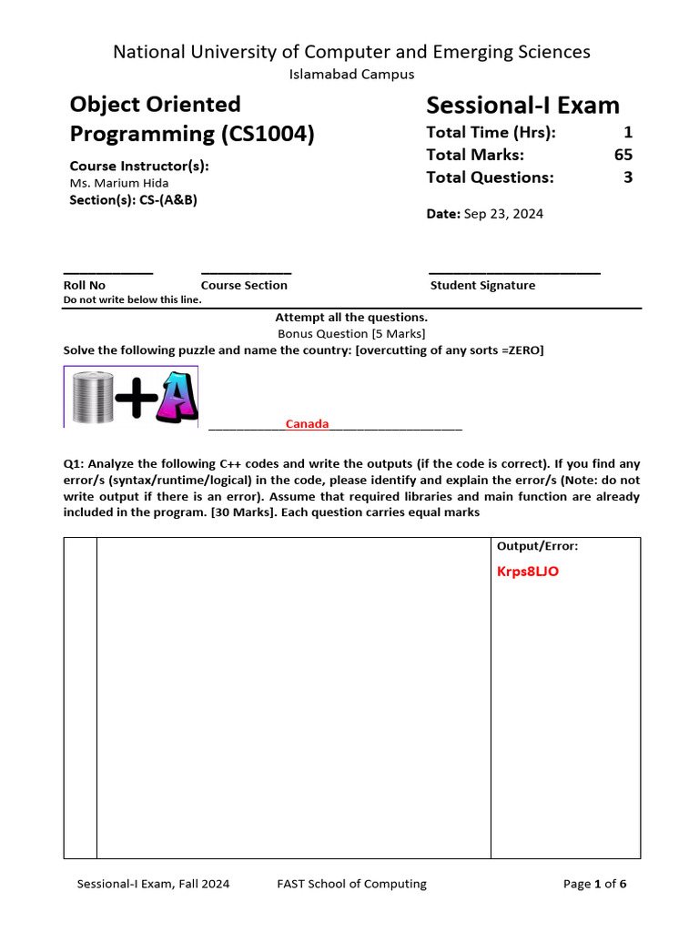 OOP Sessional-I Fall 24 Model Sol (1) | PDF | Computer Engineering ...