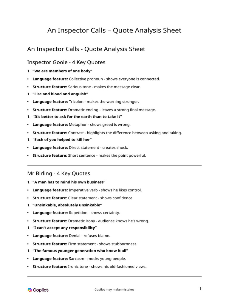 An_Inspector_Calls_–_Quote_Analysis_Sheet | PDF | Irony
