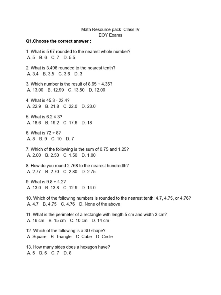Grade 4 Math Resource Sheet | PDF | Area | Length