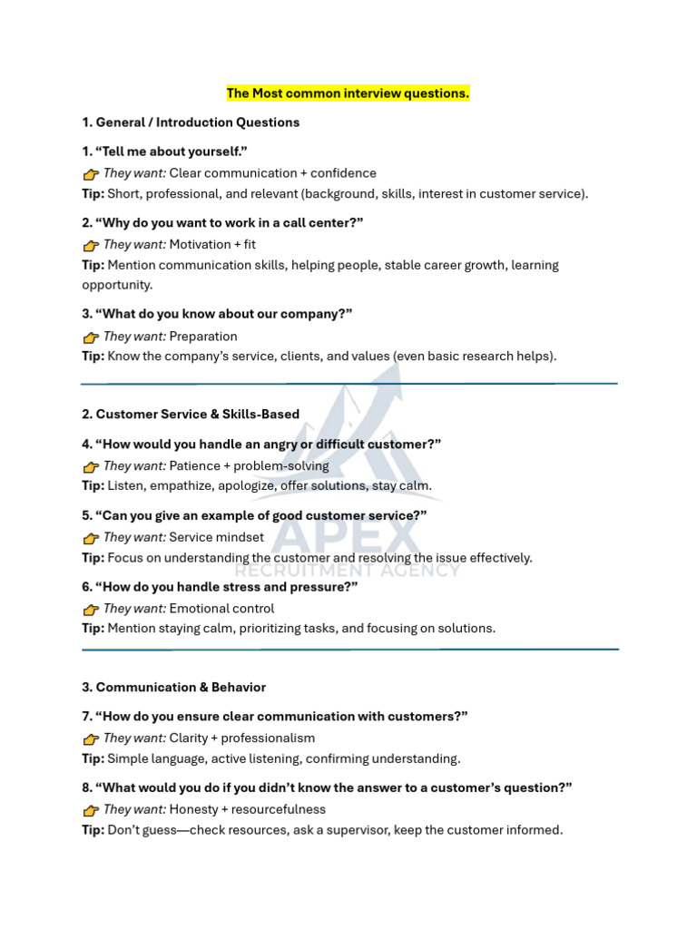 The Most Common Interview Questions | PDF | Data | Customer ...