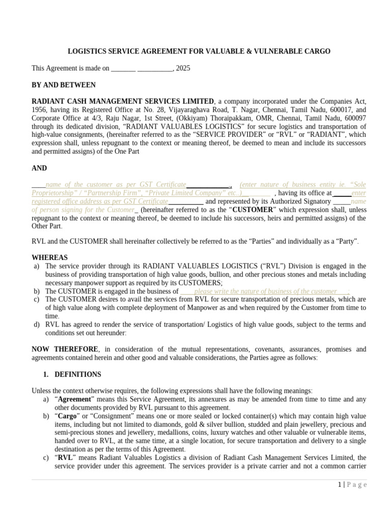 Logistics Agreement Clean Draft Format Revised 22.07.2025 | PDF ...
