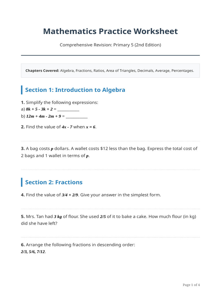 Mathematics P5 Practice Worksheet | PDF | Ratio | Area