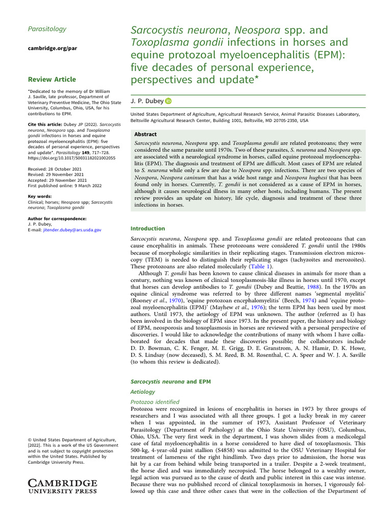 Sarcocystis neurona, Neospora spp. and Toxoplasma gondii infections in ...