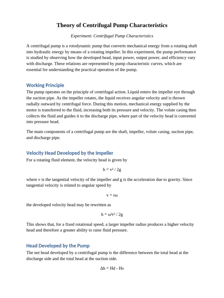 Centrifugal Pump Characteristics Theory | PDF | Pump | Chemical Engineering