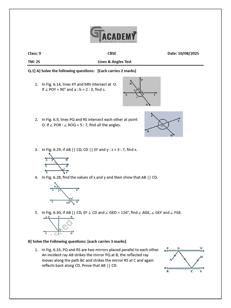 Class 9 Maths Cbse Lines& Angles | PDF