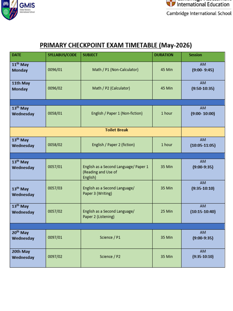 Primary Checkpoint Exam Timetable May-2026 PDF | PDF