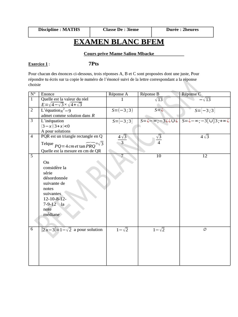 Examen Blanc Bfem MSM | PDF | Mathématiques | Équations