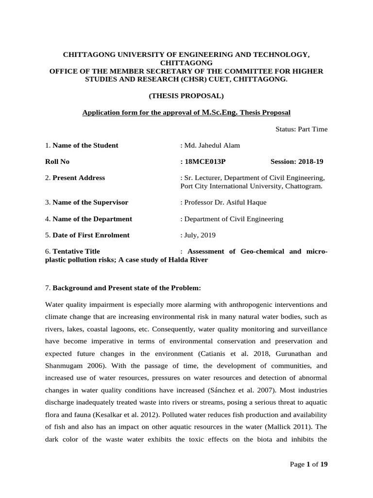 MSc Thesis Proposal_Jahed (1) | PDF | Water Quality | River