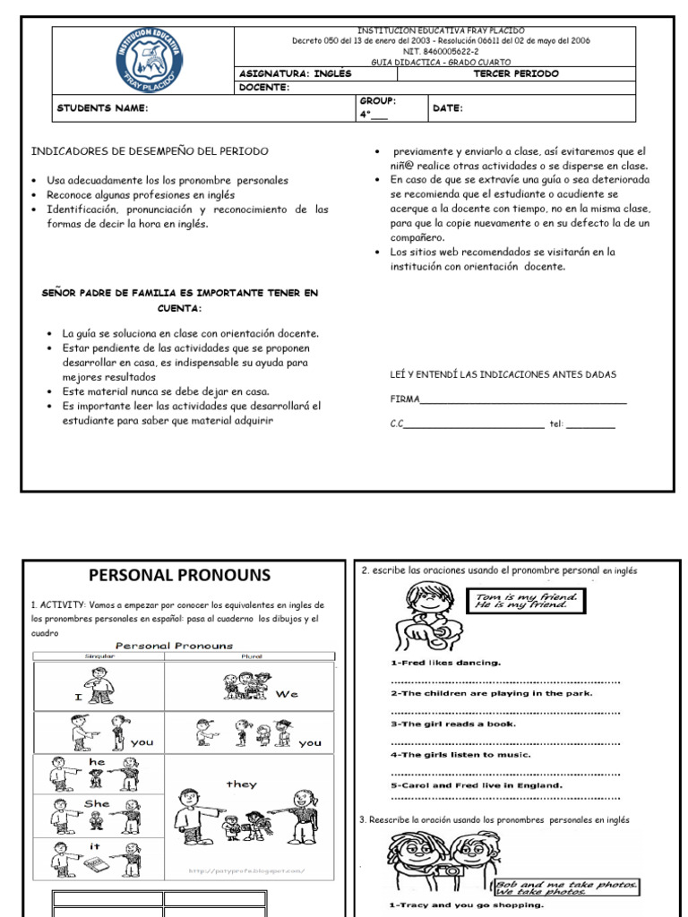 Guia de Ingles Grado 4 - Tercer Periodo | PDF