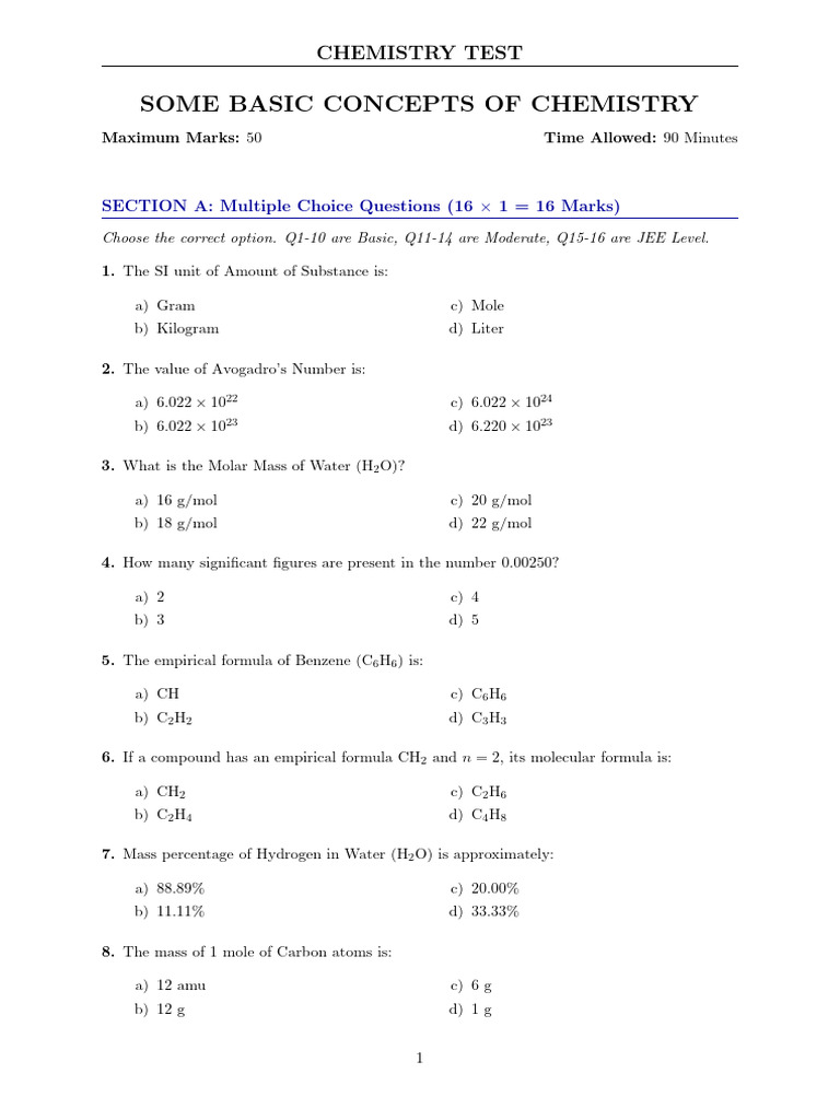 Chemistry Test Mole Concept | PDF | Mole (Unit) | Chemical Substances