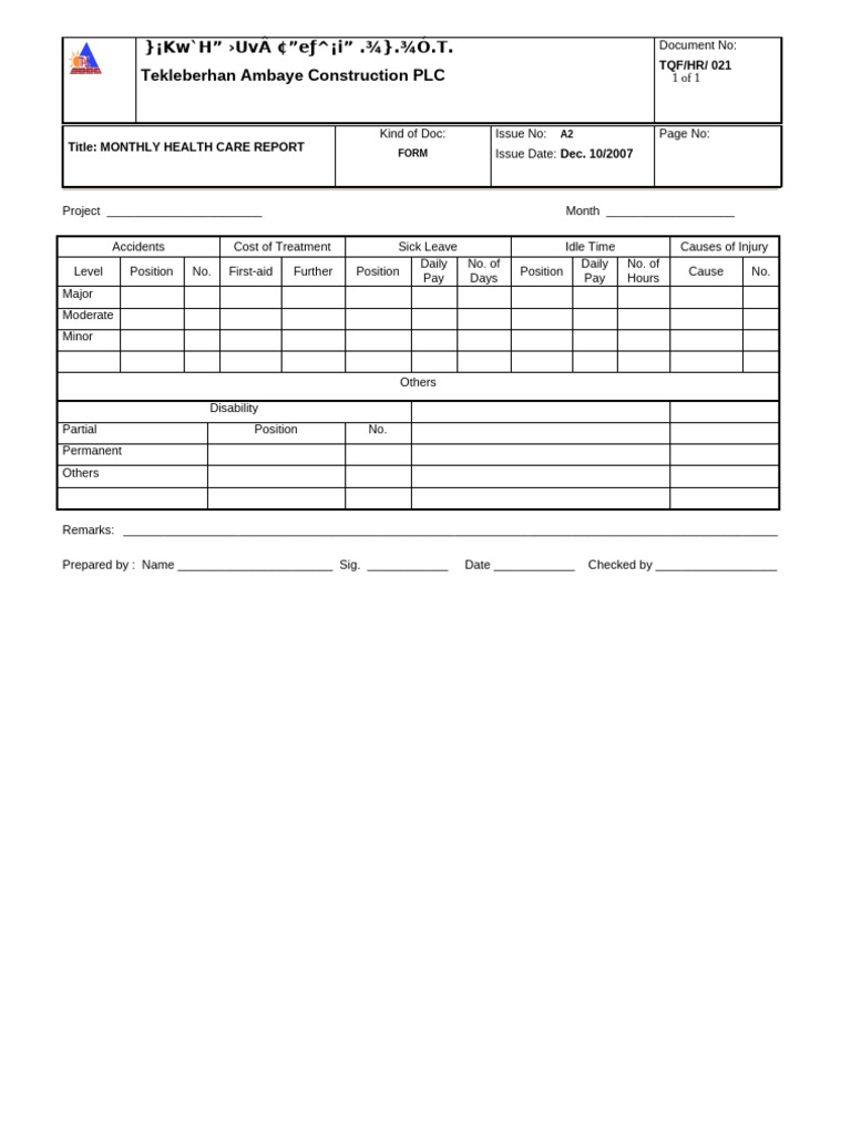021 Monthly Health Care Reporting Form | PDF