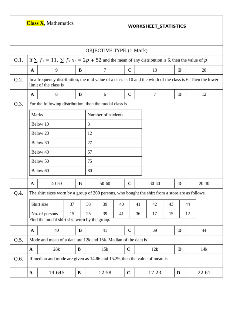 Statistics Worksheet | PDF | Median | Mean