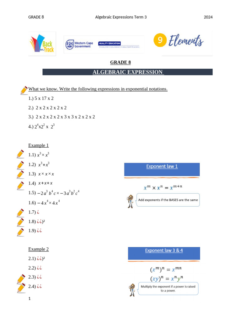Grade 8 Mathematics BOT - Algebraic Expressions Learner Notes (Term 3 ...