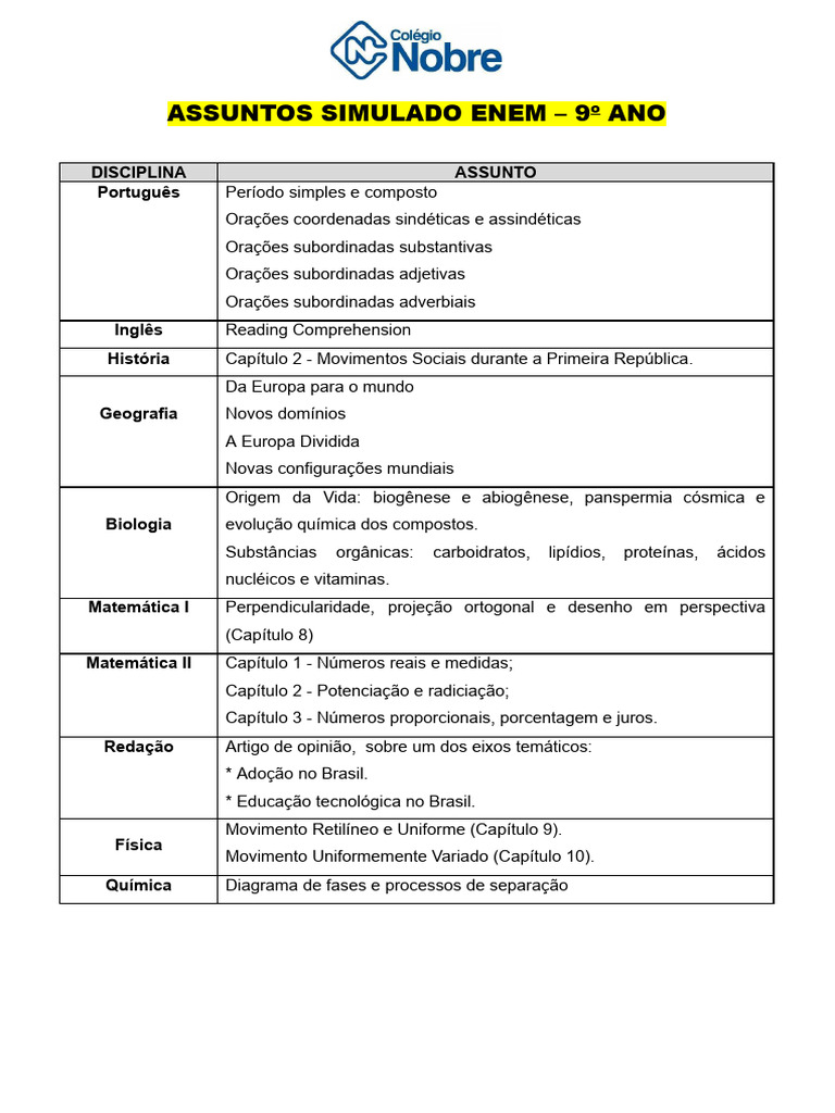 2026 - I - Assuntos Enem - 9 Ano | PDF