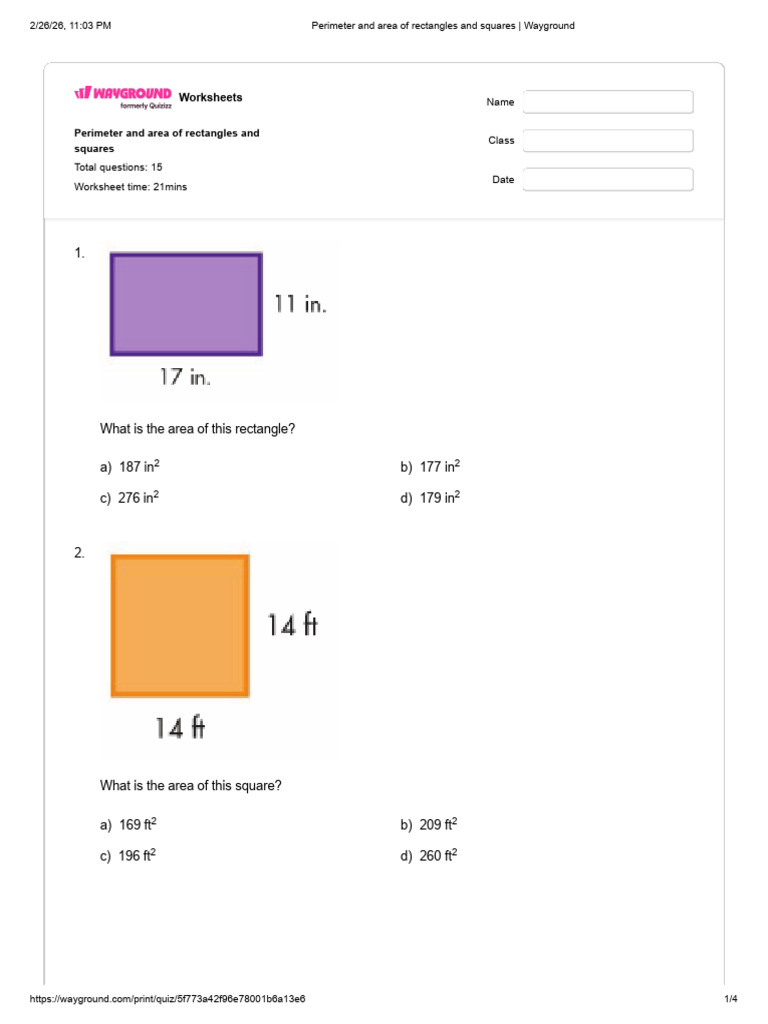 Perimeter and Area of Rectangles and Squares _ Wayground | PDF