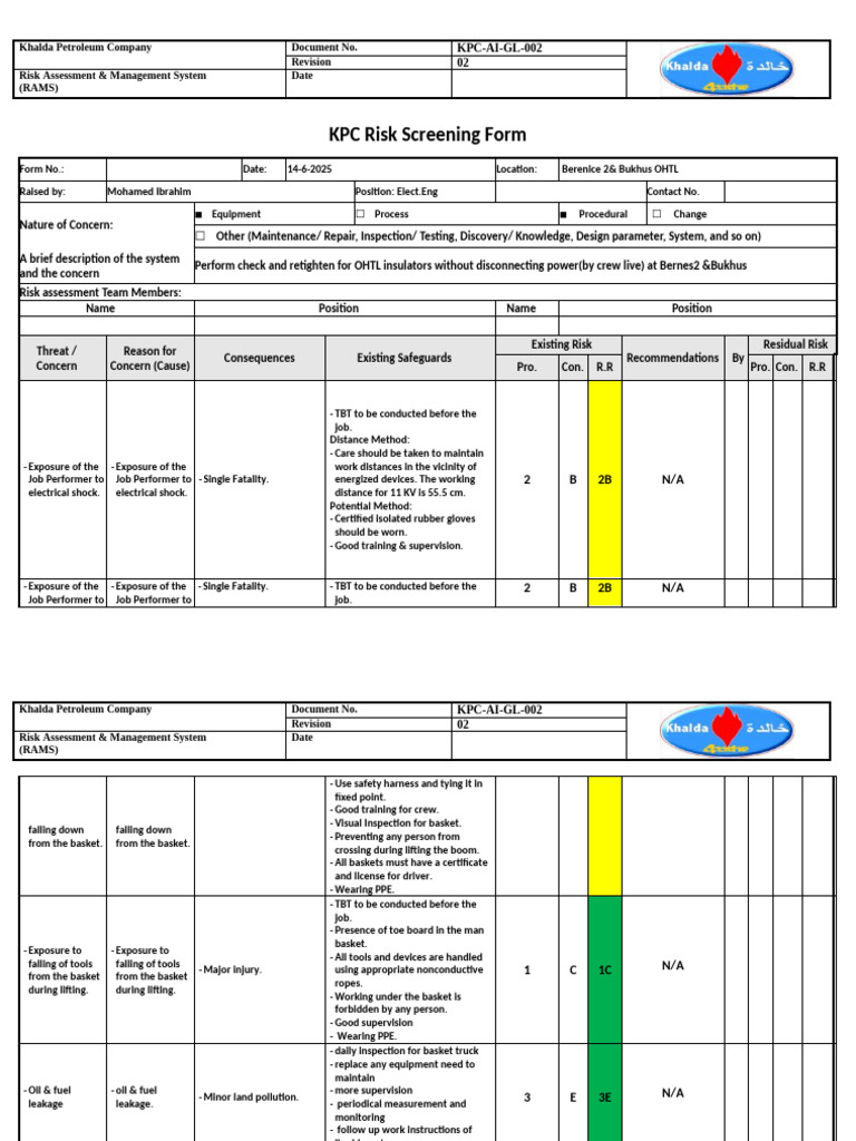 Risk Assessment (Live Maintenance) | PDF