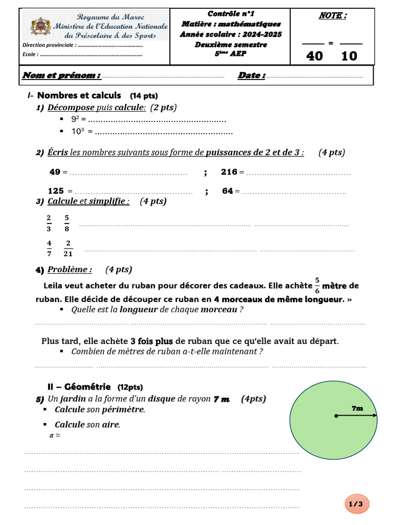 contrôle N°1 CM2 Mathématiques Sem 2 | PDF