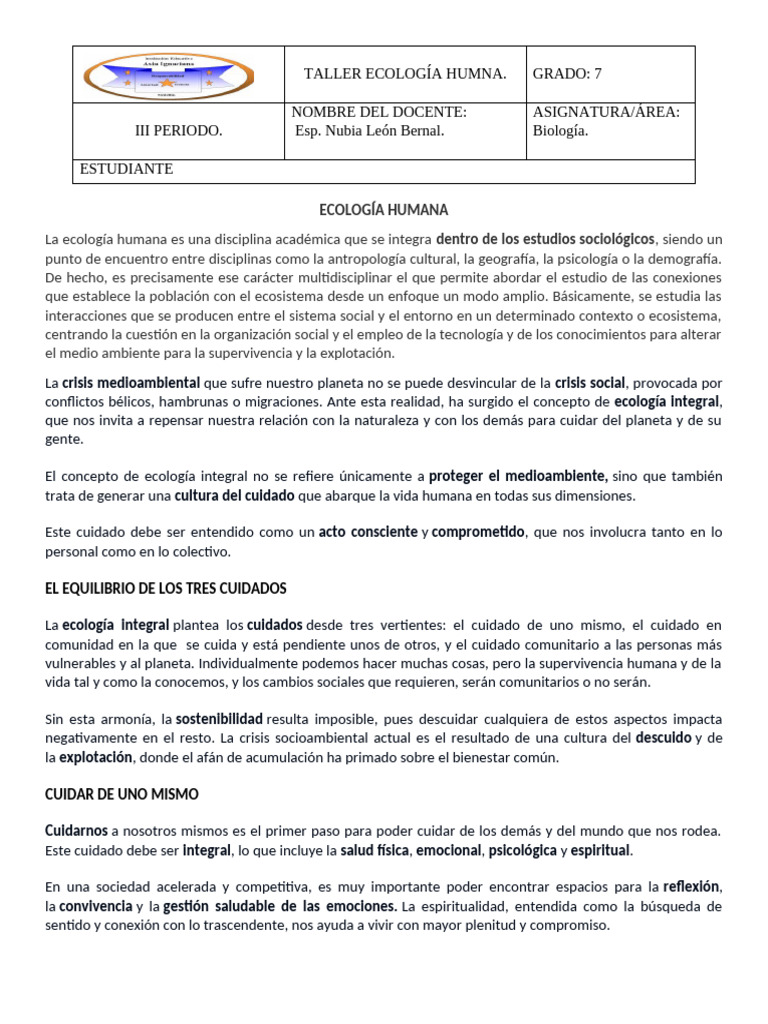 La Ecología Humana - Séptimo 2025 | PDF | Ecología | Entorno natural
