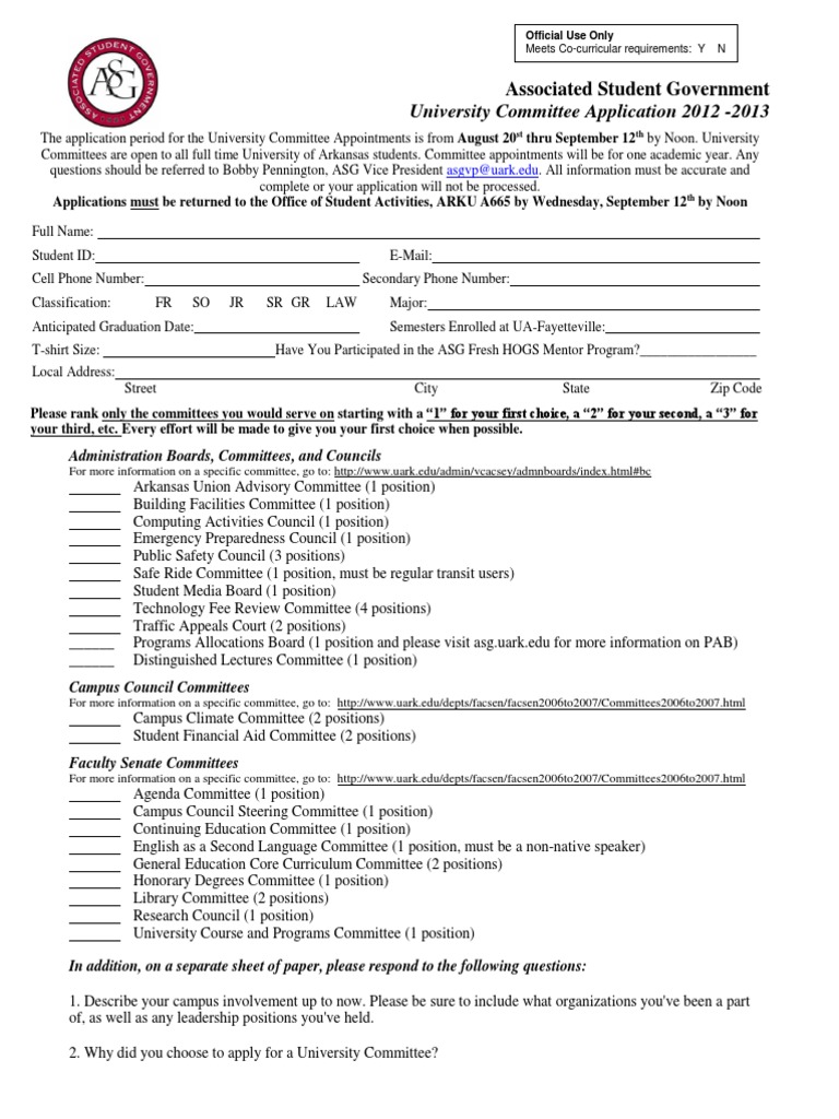 University Committee Application 2012-13 | PDF | Students | University