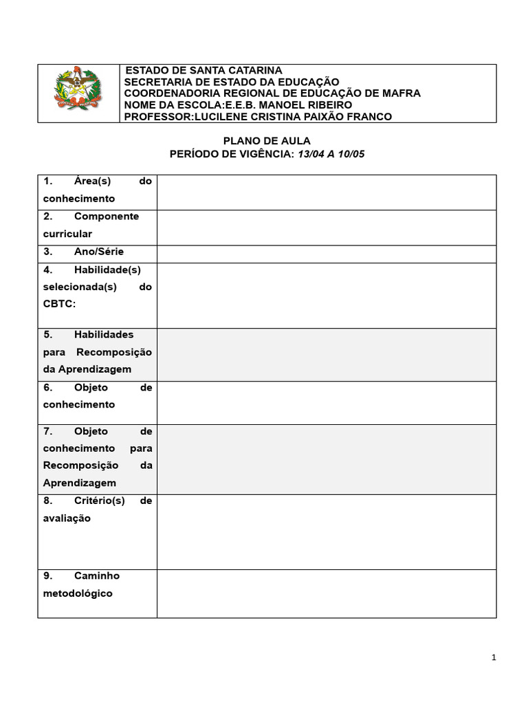 Modelo de Plano de Aula 2026 - FGB - Docx - Google Docs Gisele | PDF